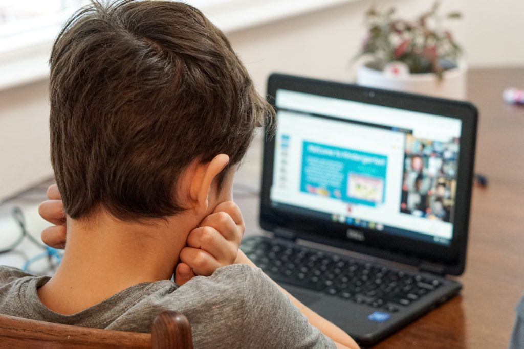 School aged child looking at computer screen. 